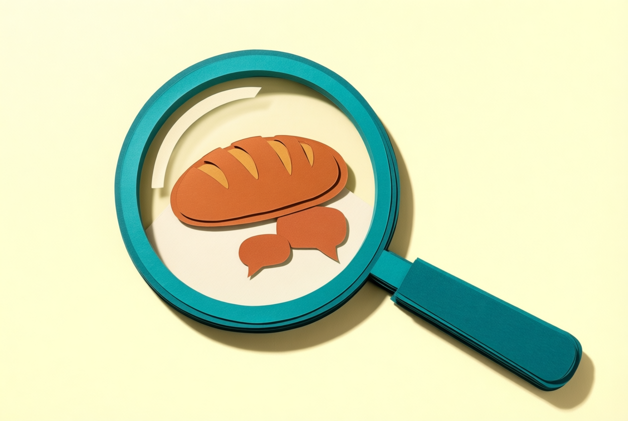 A teal magnifying glass enlarges a terracotta bread and speech bubbles on a mustard background.