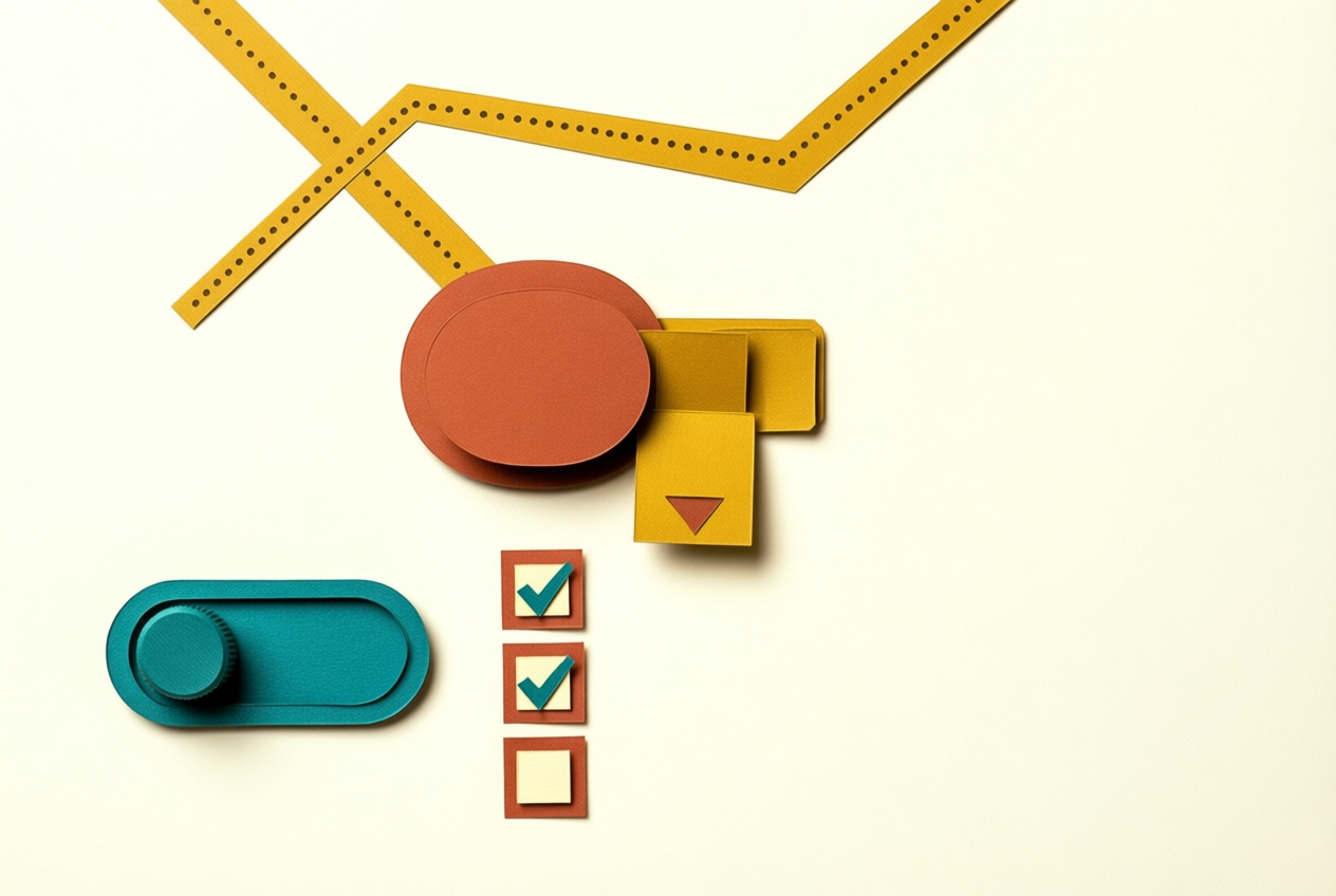 A paper collage shows a terracotta button, toggle, checkboxes, and a dotted path on cream.