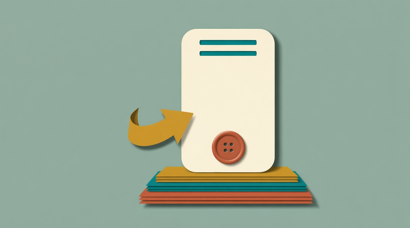 A flat cut-paper illustration shows a cream card with teal bars and a terracotta button, pointed to by a mustard arrow.