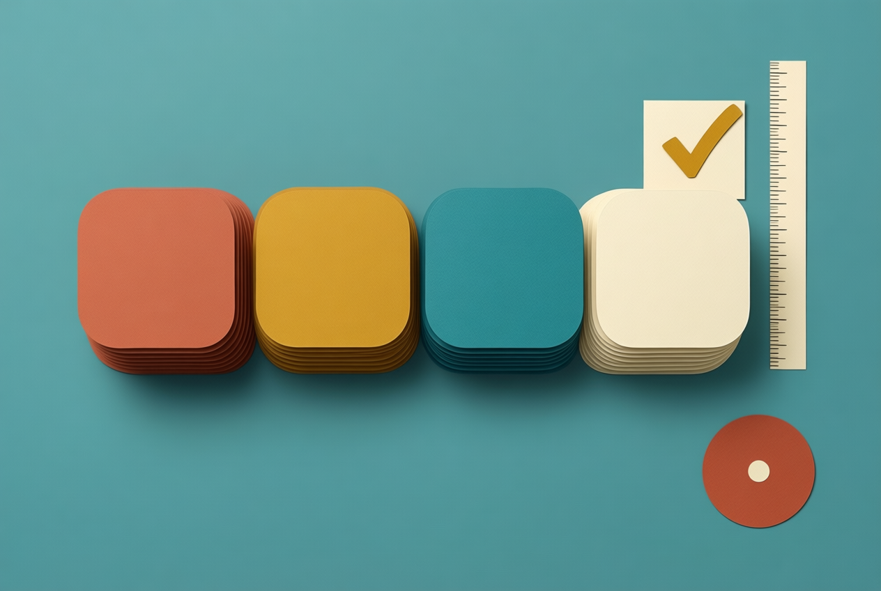 Flat lay of terracotta, mustard, teal and cream paper app icons with a tick mark and measurement strip on a warm teal background.